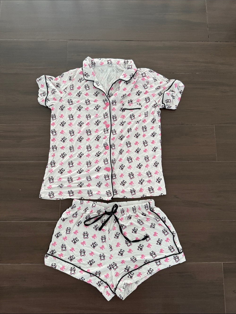 Katie J NYC White Pajama Set with Pink & Black Panda Print